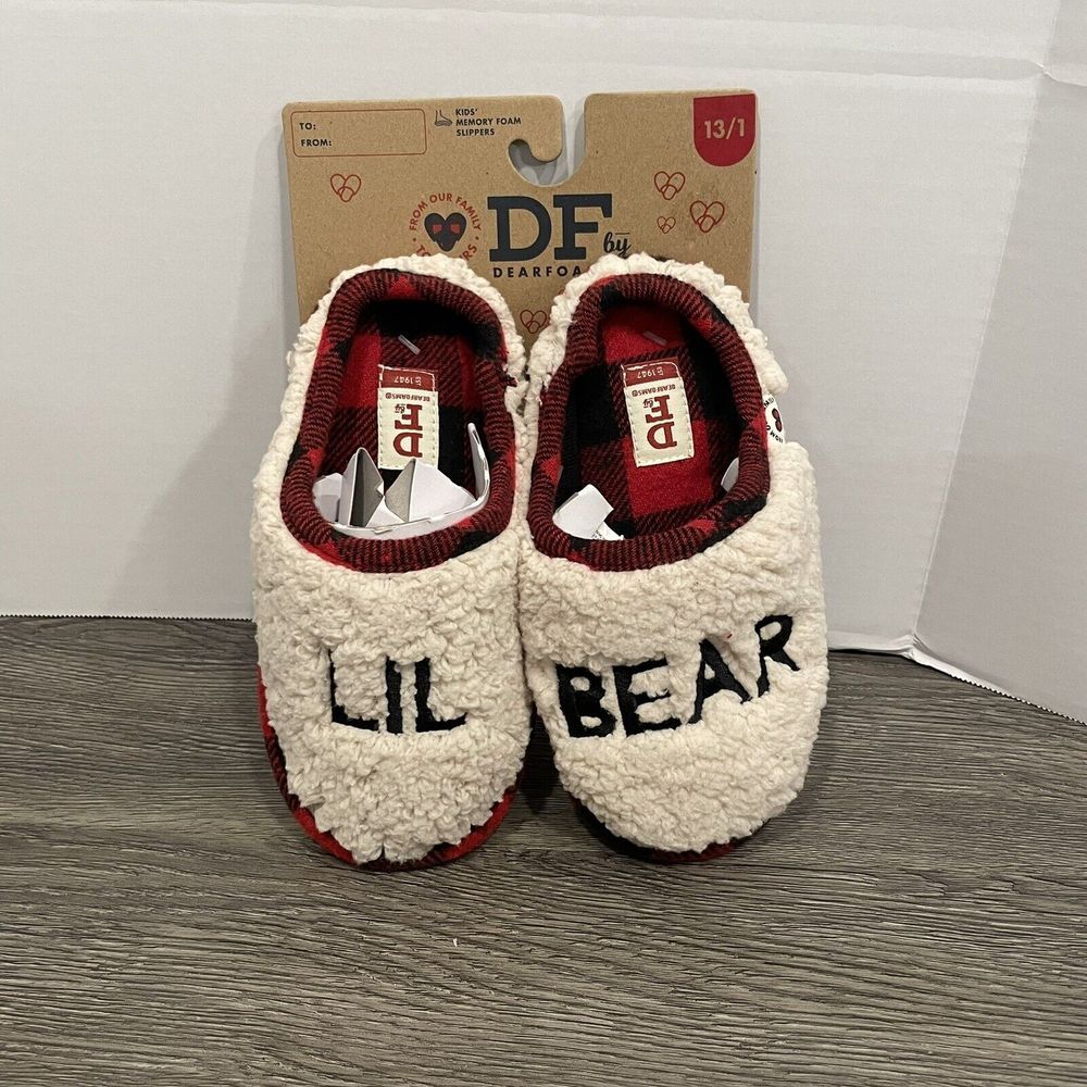 Dearfoams Lil Bear Slippers Sherpa Clog Size 13-1 Kids Toddler Bedroom Plaid